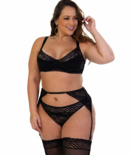 Lingerie Plus Size com cinta liga e meia em tule – Beverly