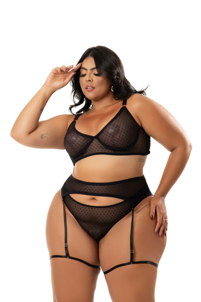 Conjunto Plus Size Sexy em Tule Dot com Cinta Liga – Barbara