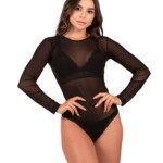 Body manga longa em tulle transparente - Bruna