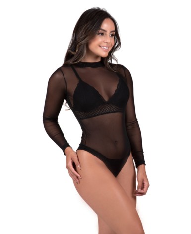 Body manga longa em tulle transparente - Bruna