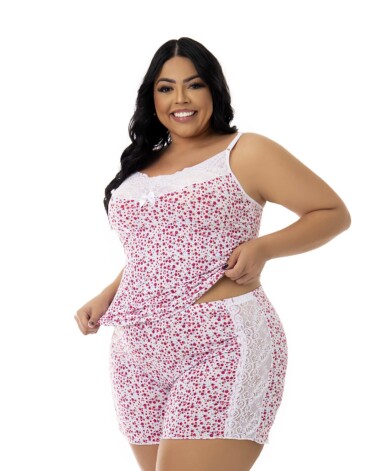 Short Doll em Liganete Estampado com Renda Plus Size