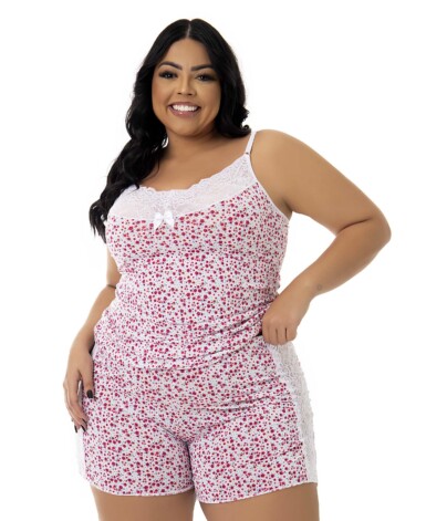 Short Doll em Liganete Estampado com Renda Plus Size
