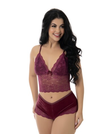 Short doll em veludo com renda