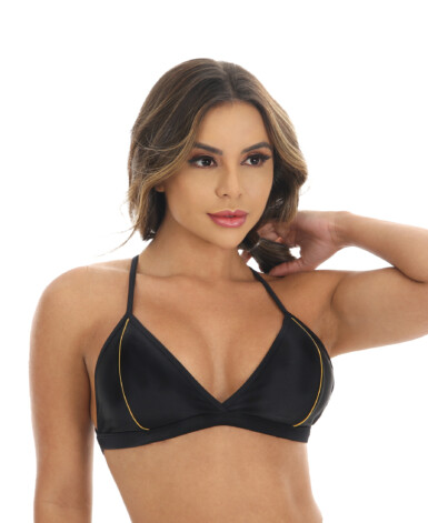 Top preto brilhoso com listra amarela