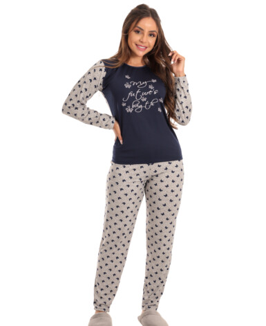 Pijama Longo Feminino em Suede Azul Marinho