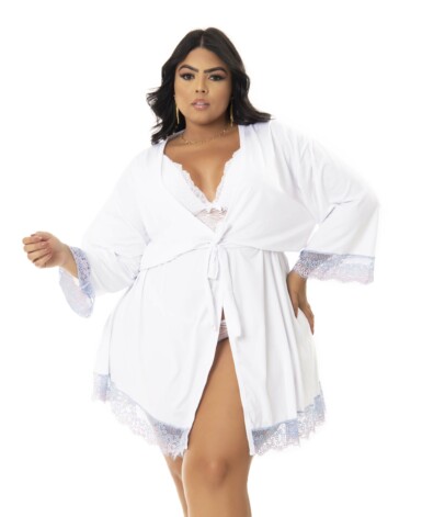 Robe Plus Size de Microfibra com Renda Bicolor