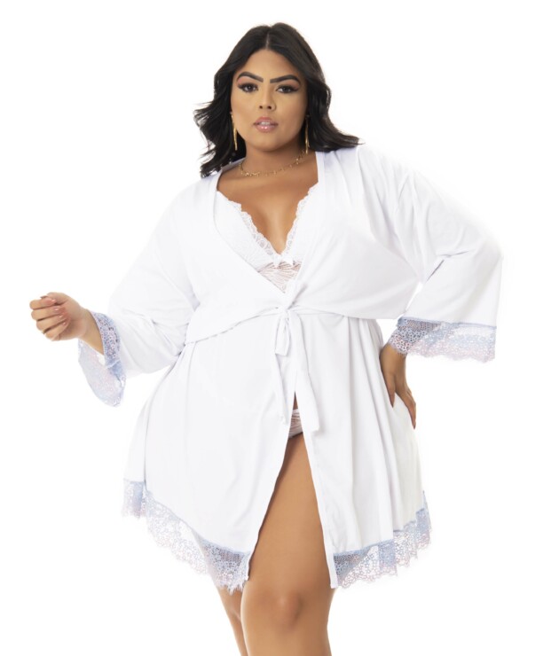 Robe Plus Size de Microfibra com Renda Bicolor