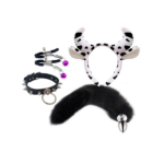 Kit Fetiche Vaca – Plug Anal com Rabo, Tiara, Grampos de Mamilos e Gargantilha