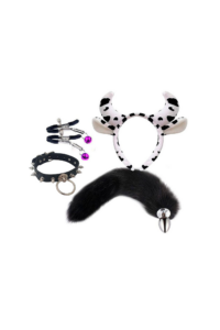 Kit Fetiche Vaca – Plug Anal com Rabo, Tiara, Grampos de Mamilos e Gargantilha