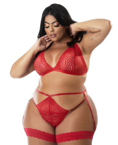 Conjunto sexy plus em renda rubi