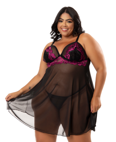 Camisola Plus Size com calcinha em Renda Bicolor