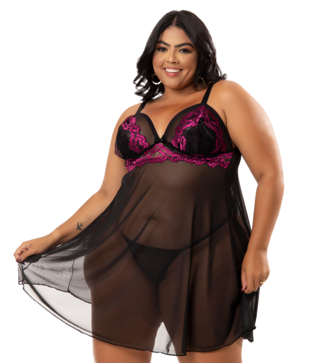 Camisola Plus Size com calcinha em Renda Bicolor