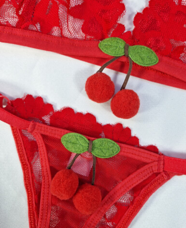 Conjunto Fio Dental de Tule e Renda - Cereja