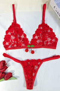 Conjunto Fio Dental de Tule e Renda - Cereja