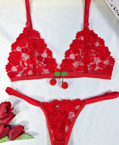 Conjunto Fio Dental de Tule e Renda - Cereja