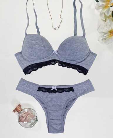 Conjunto de Bojo Mescla com Detalhe em Renda - Mel