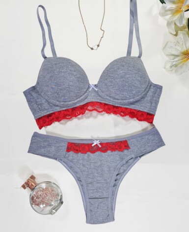 Conjunto de Bojo Mescla com Detalhe em Renda - Mel