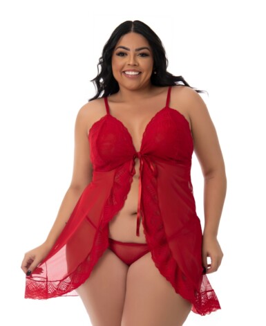 Camisola Aberta Plus Size em Tule e Renda