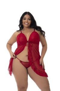 Camisola Aberta Plus Size em Tule e Renda - Selma