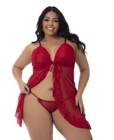 Camisola Aberta Plus Size em Tule e Renda - Selma