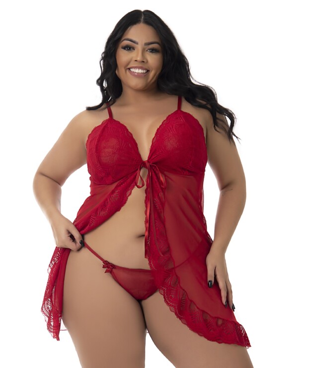 Camisola Aberta Plus Size em Tule e Renda - Selma