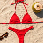 Biquíni Cortininha Canelado Brilhoso Vermelho