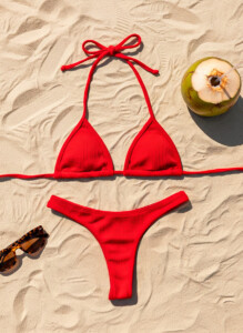 Biquíni Cortininha Canelado Brilhoso Vermelho