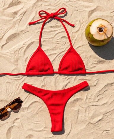 Biquíni Cortininha Canelado Brilhoso Vermelho