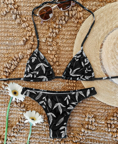 Biquíni Cortininha Estampado - Folhas Preto